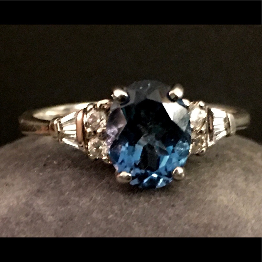 London Blue Topaz, Natural White Zircon Ring in Platinum Over Sterling Silver